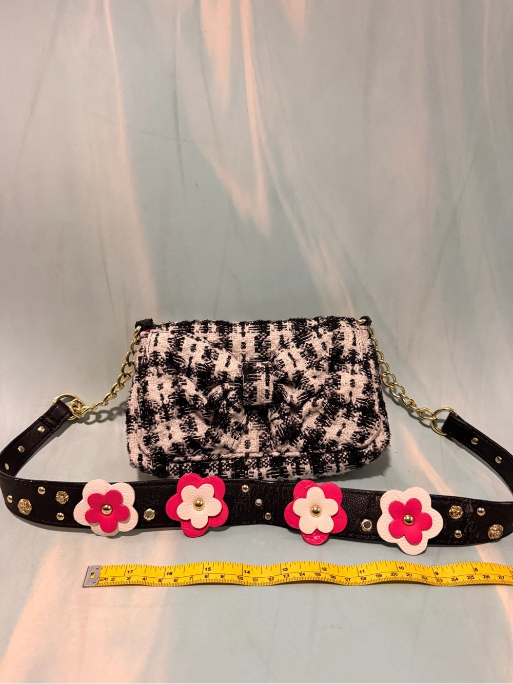Betsey Johnson Black and White Tweed Shoulder Bag with Gold Chain - Women's Bag